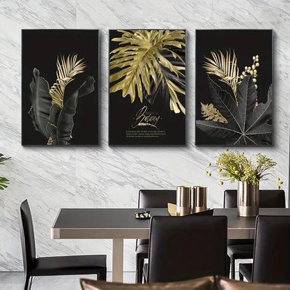 Black and Gold Leaf Wall Canvas Art for Home Decor