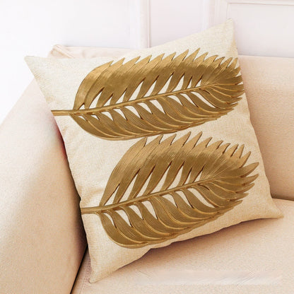 Golden Leaves Cotton Linen Cushion Case for Office Use