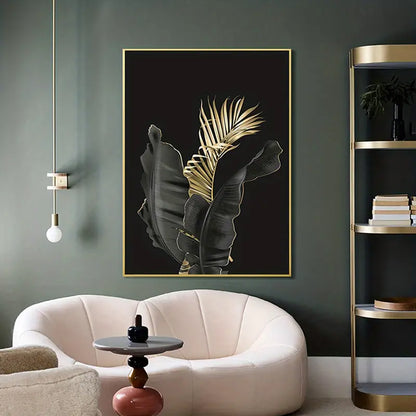 Black and Gold Leaf Wall Canvas Art for Home Decor